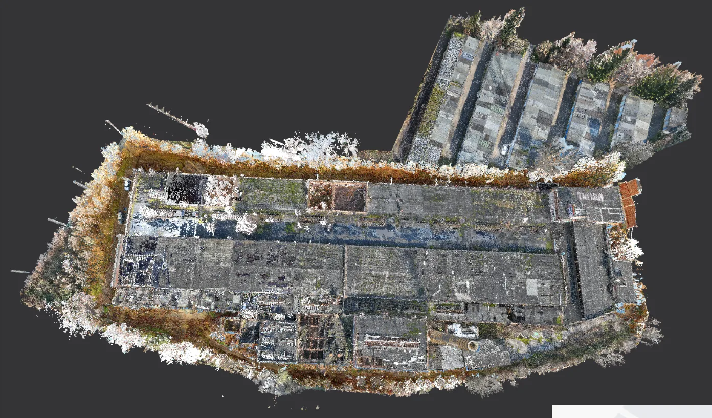 3D-Punktwolke Draufsicht der Dachflächen des Hafenwerks Leipzig