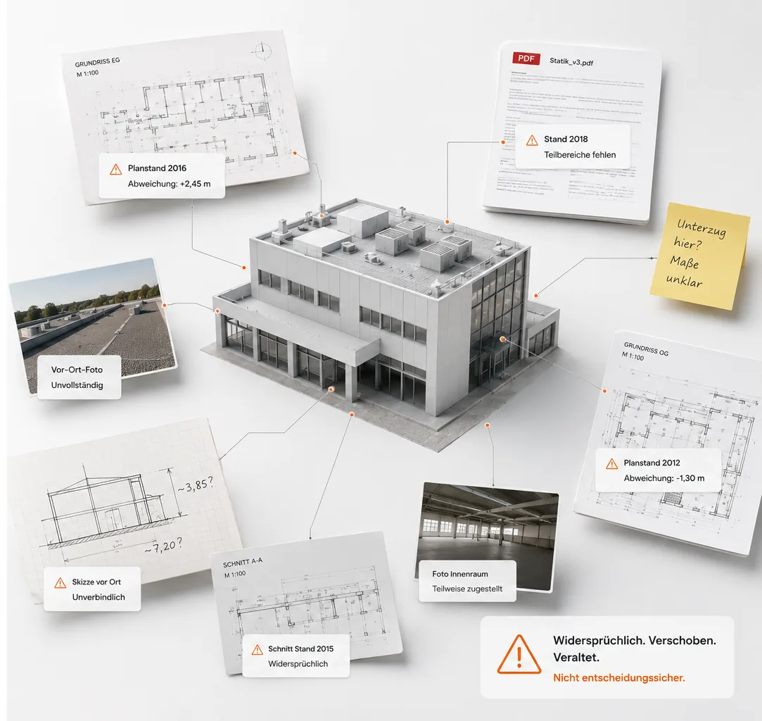 Veraltete Pläne, PDFs, Skizzen, Fotos und Notizen rund um ein 3D-Gebäudemodell